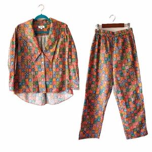 COCO SHOP Collared Shirt and Cotton Pants Set Navy Checkboard Print Size Small